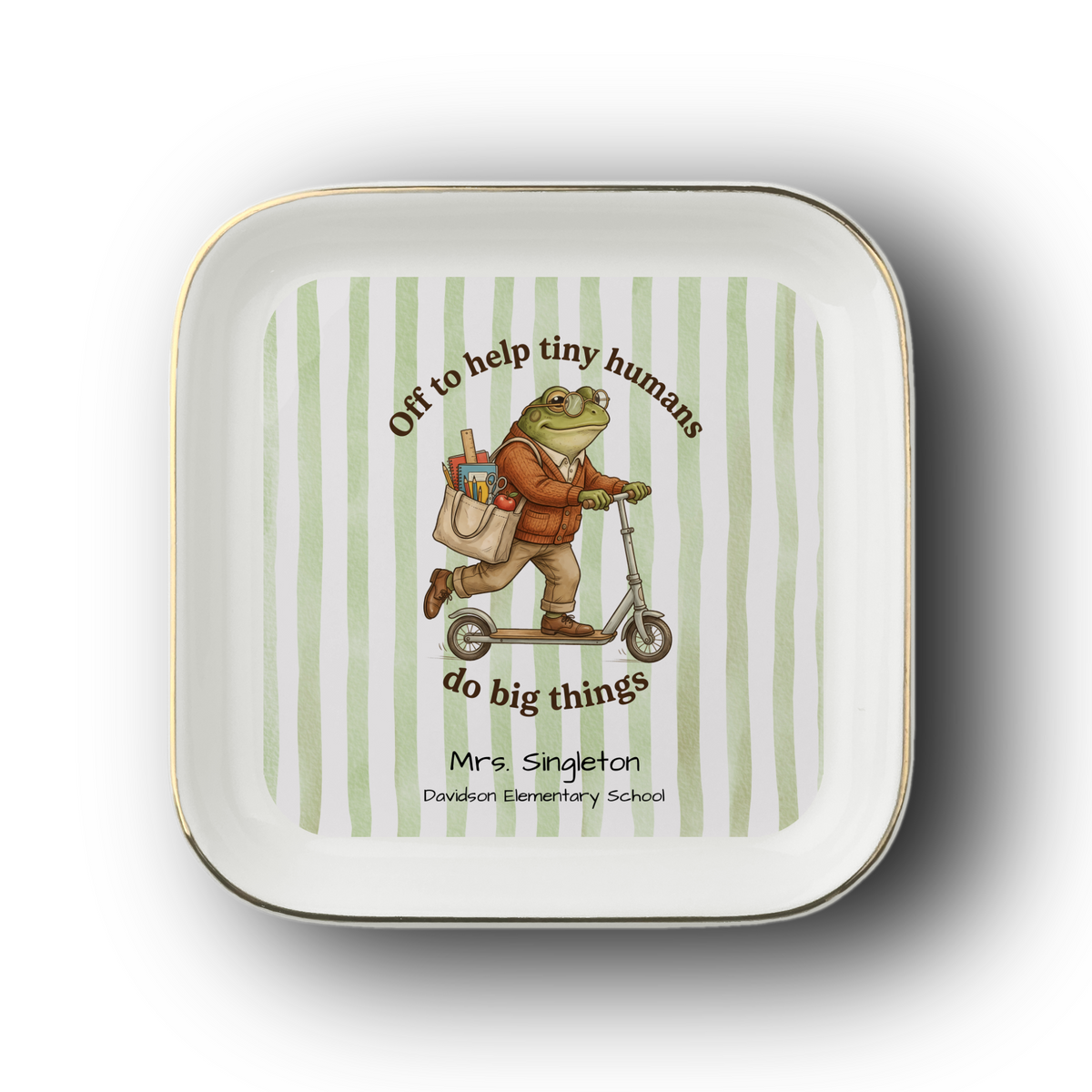Viral Scooter Frog Teacher Appreciation Gift | Personalized Gold-Trimmed Ceramic Ring Dish