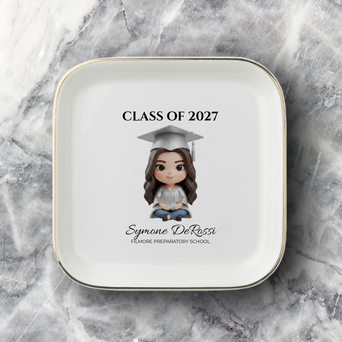 Custom Graduation Ring Dish (Silver Cap & Gown) | Elegant Ceramic Keepsake Gift for Her