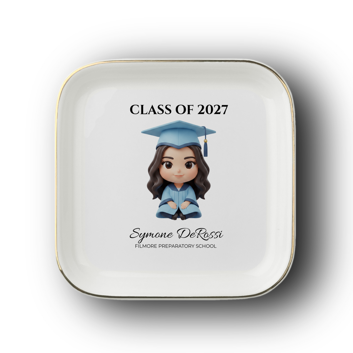 Custom Graduation Ring Dish (Sky Blue Cap & Gown) | Elegant Ceramic Keepsake Gift for Her