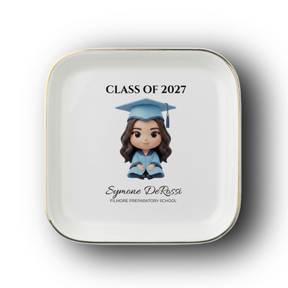 Custom Graduation Ring Dish (Sky Blue Cap & Gown) | Elegant Ceramic Keepsake Gift for Her