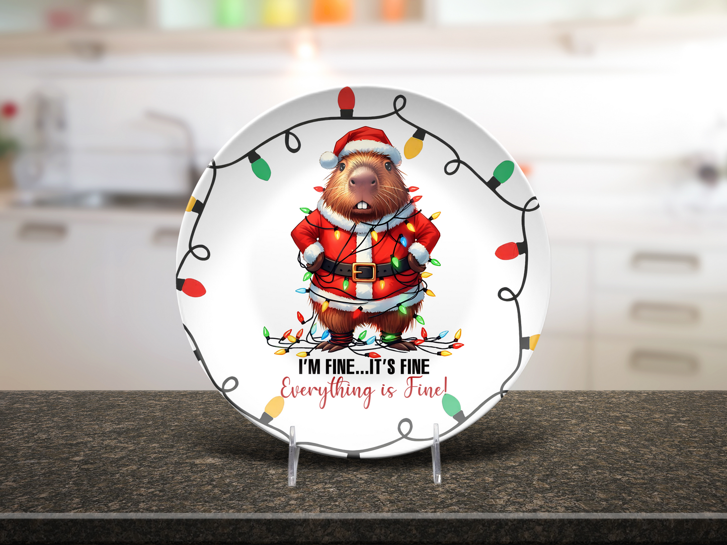 “It’s Fine, I’m Fine, Everything’s Fine” Capybara Christmas DecoPlate – Unbreakable 10" Holiday Dinner Plate