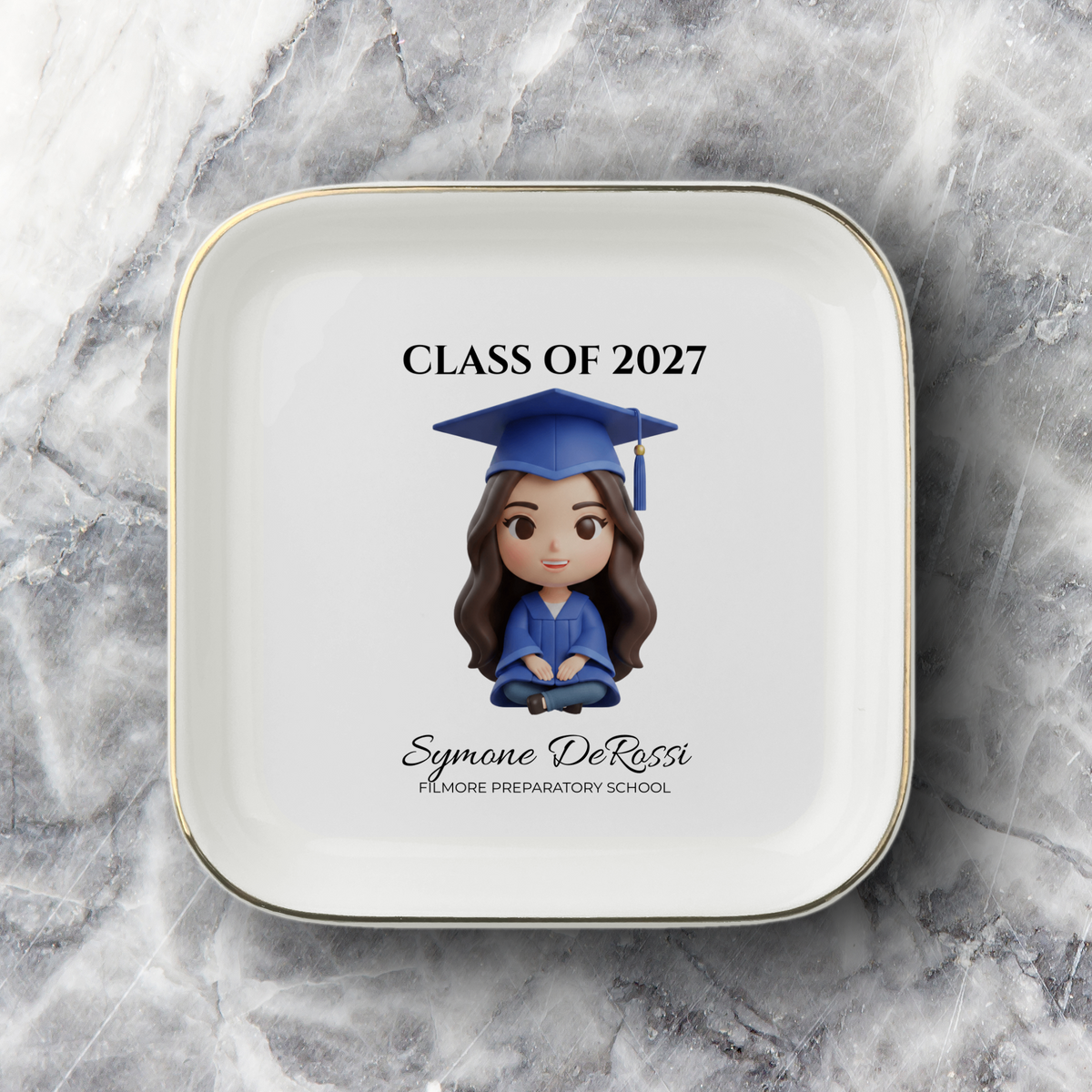 Custom Graduation Ring Dish (Royal Blue Cap & Gown) | Elegant Ceramic Keepsake Gift for Her