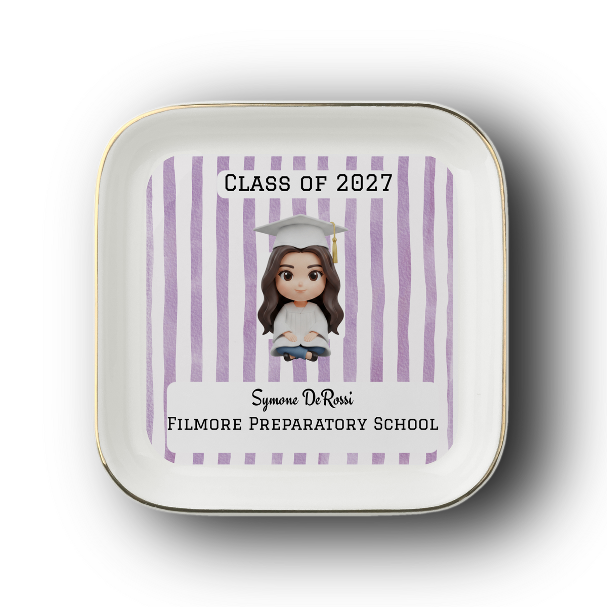 Custom Graduation Ring Dish (White Cap & Gown) | Elegant Ceramic Keepsake Gift for Her
