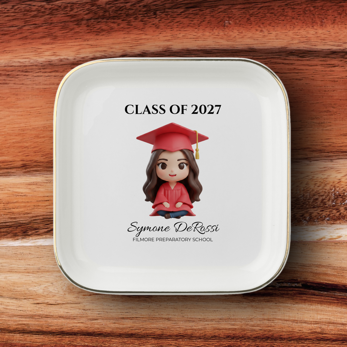 Custom graduation jewelry dish featuring graduate photo transformed into chibi art with red cap and gown