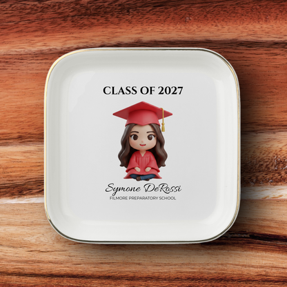 Custom graduation jewelry dish featuring graduate photo transformed into chibi art with red cap and gown