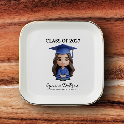 Custom graduation jewelry dish featuring graduate photo transformed into chibi art with royal blue cap and gown