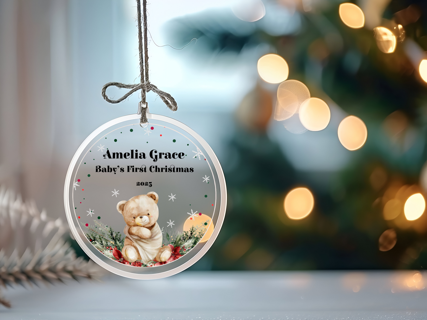Personalized “Baby’s First Christmas” Glass Ornament | Custom Name & Year Keepsake – 3.5" Beveled Glass with Gold Ribbon