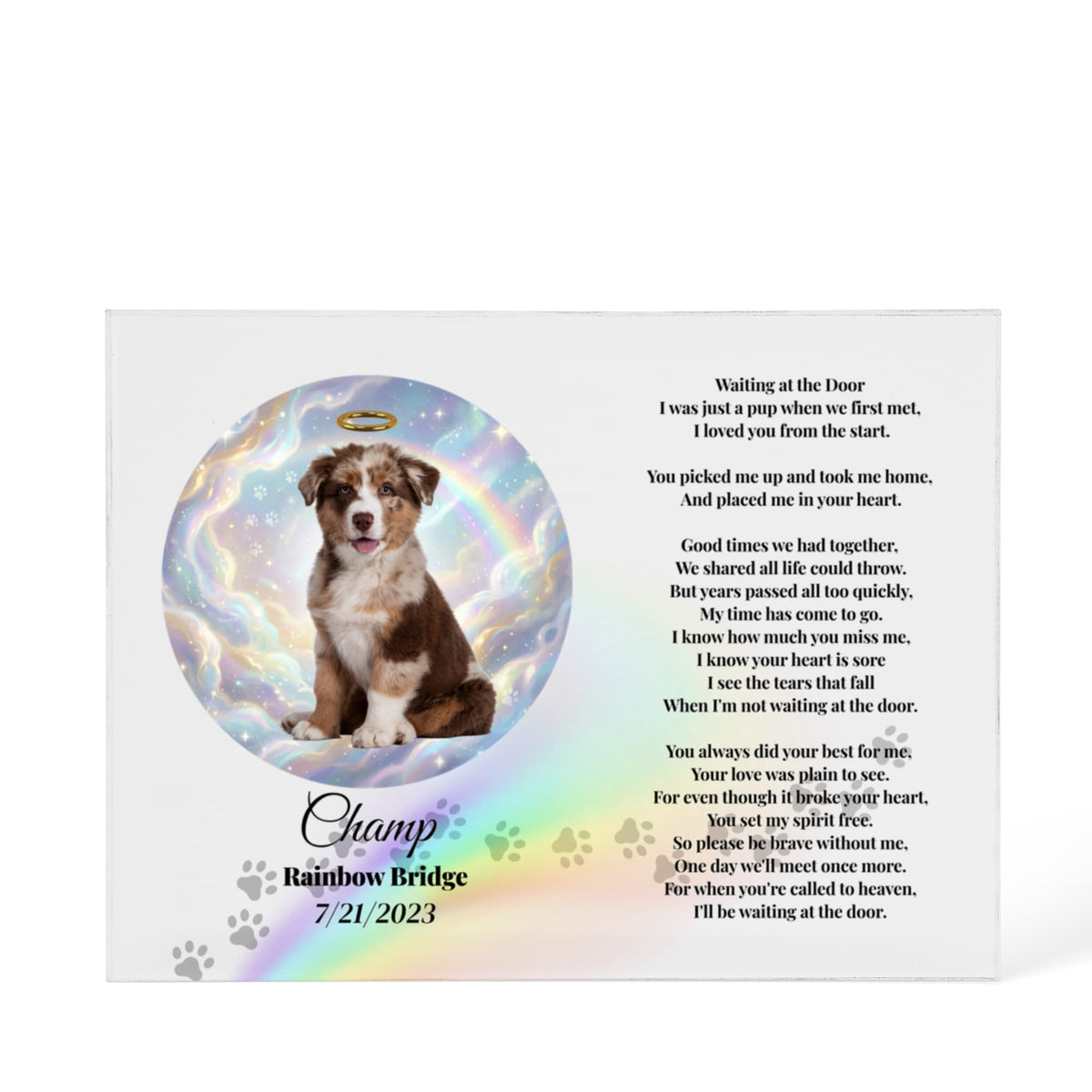 Personalized Pet Memorial Acrylic Plaque – “Waiting At The Door” Poem | Custom Photo Sympathy Gift