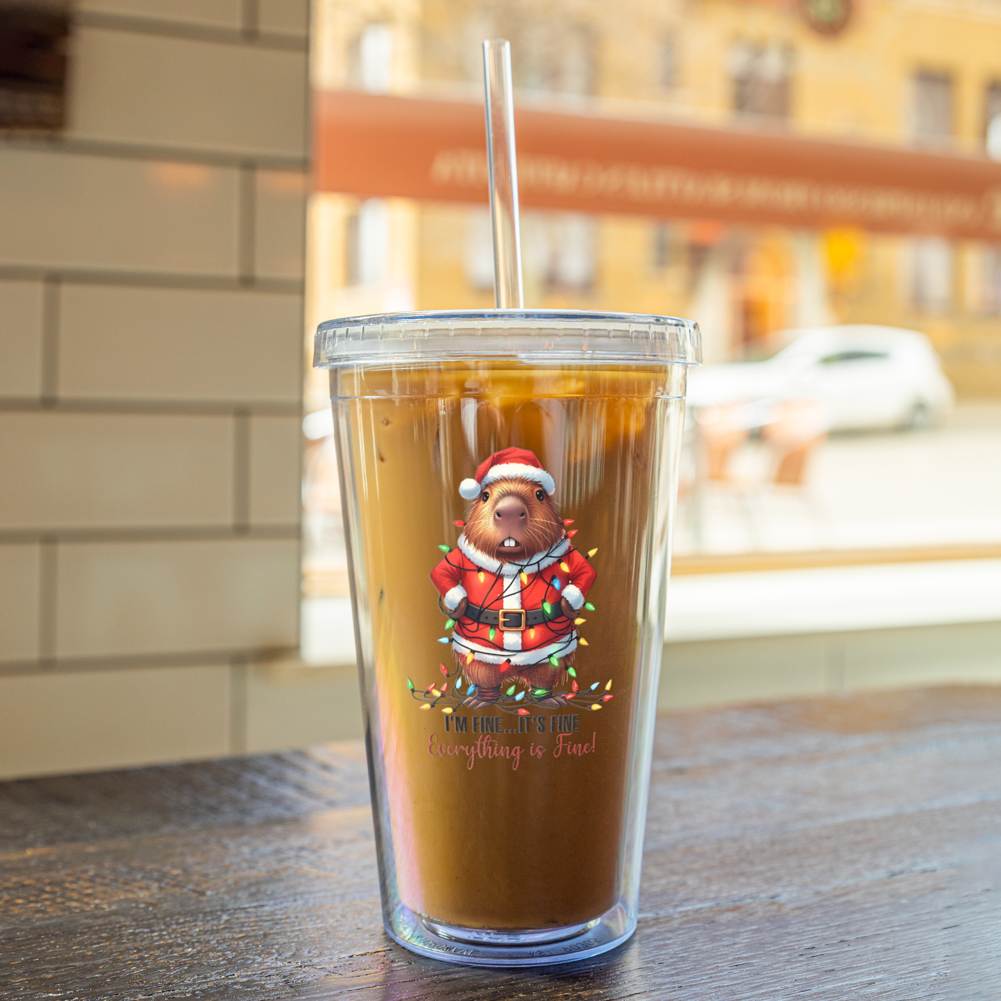 Funny Capybara Christmas Tumbler – “It’s Fine, I’m Fine, Everything’s Fine” 16oz Double Wall Acrylic Cup with Straw | Holiday Gift for Coffee & Cocoa Lovers