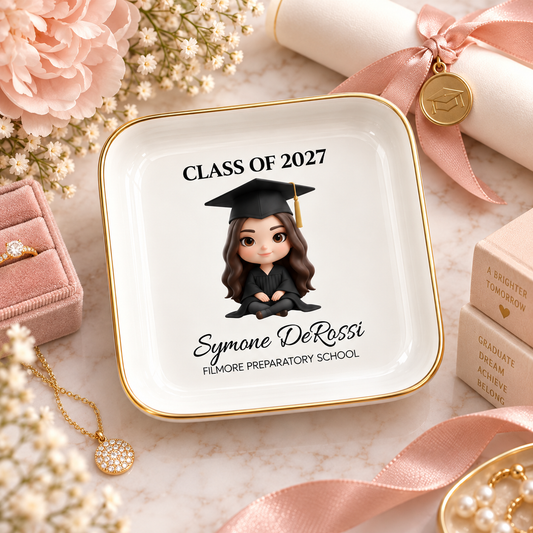 Custom Graduation Ring Dish (Black Cap & Gown) | Elegant Ceramic Keepsake Gift for Her