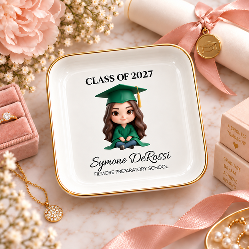 Personalized graduate chibi jewelry dish with emerald green cap and gown, graduation keepsake
