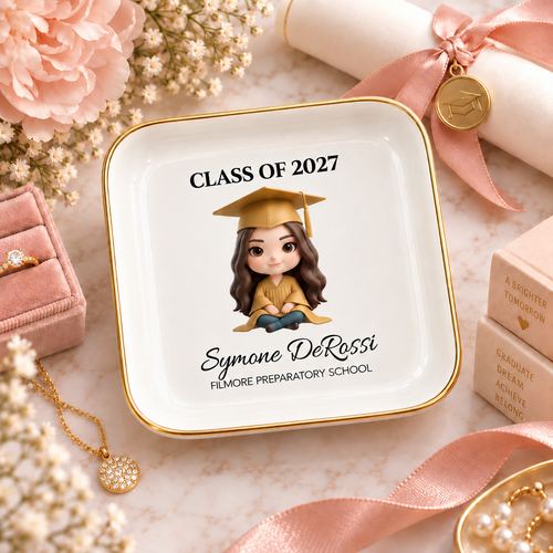 Personalized graduate chibi jewelry dish with gold cap and gown, custom photo graduation gift