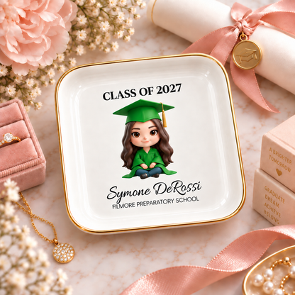 Custom Graduation Ring Dish (Kelly Green Cap & Gown) | Elegant Ceramic Keepsake Gift for Her