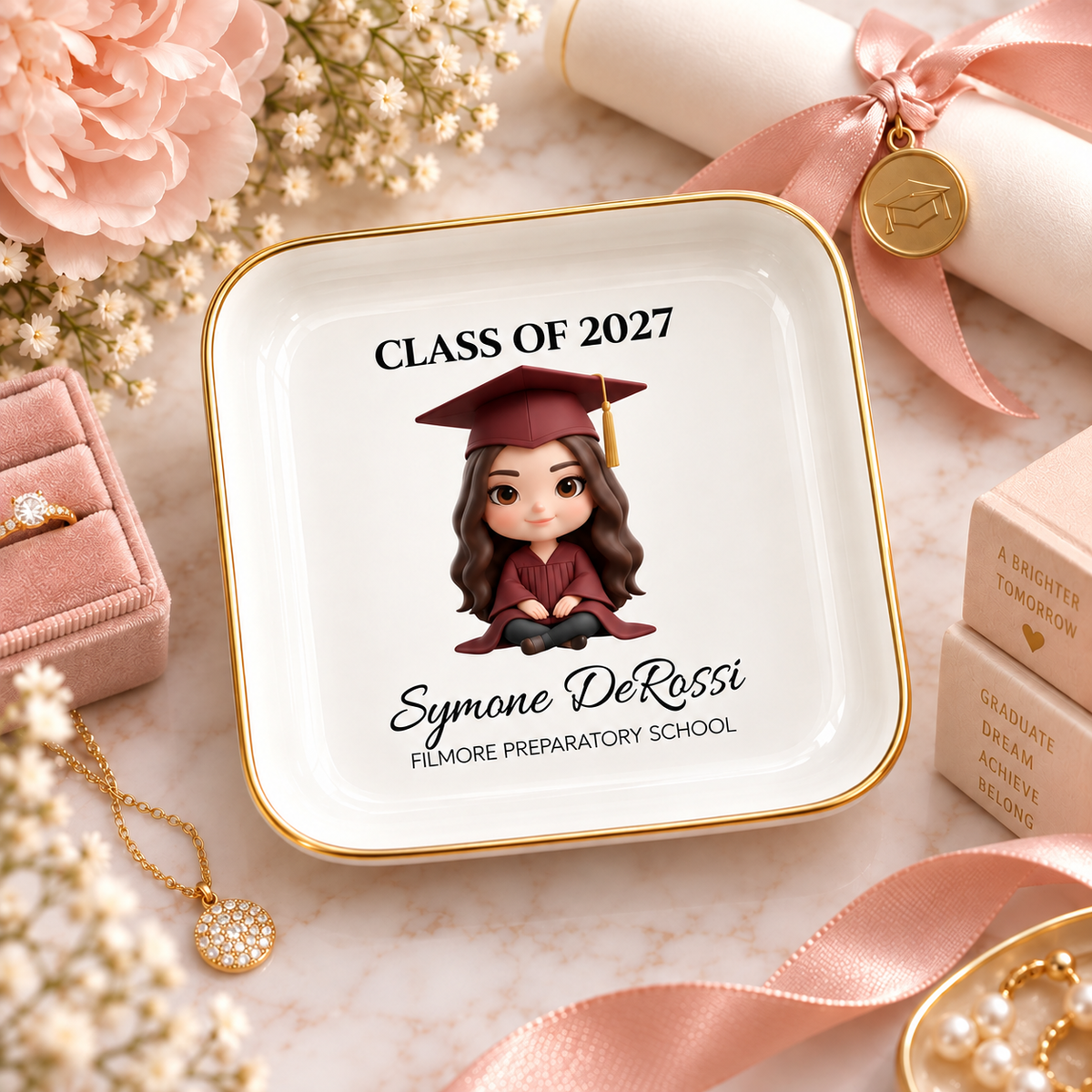 Custom Graduation Ring Dish (Maroon Cap & Gown) | Elegant Ceramic Keepsake Gift for Her