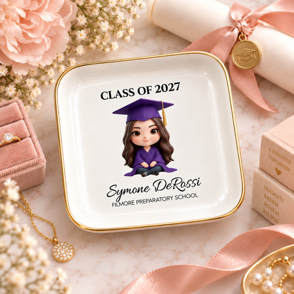 Personalized graduate chibi jewelry dish with purple cap and gown, graduation keepsake