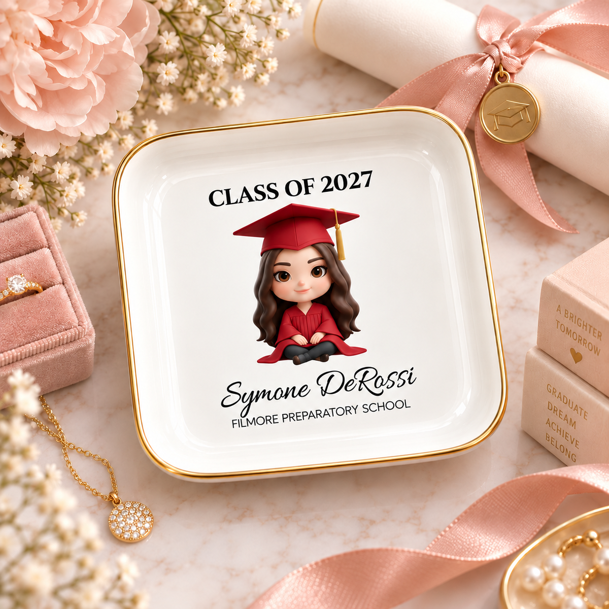 Personalized graduate chibi jewelry dish with red cap and gown, custom photo graduation gift