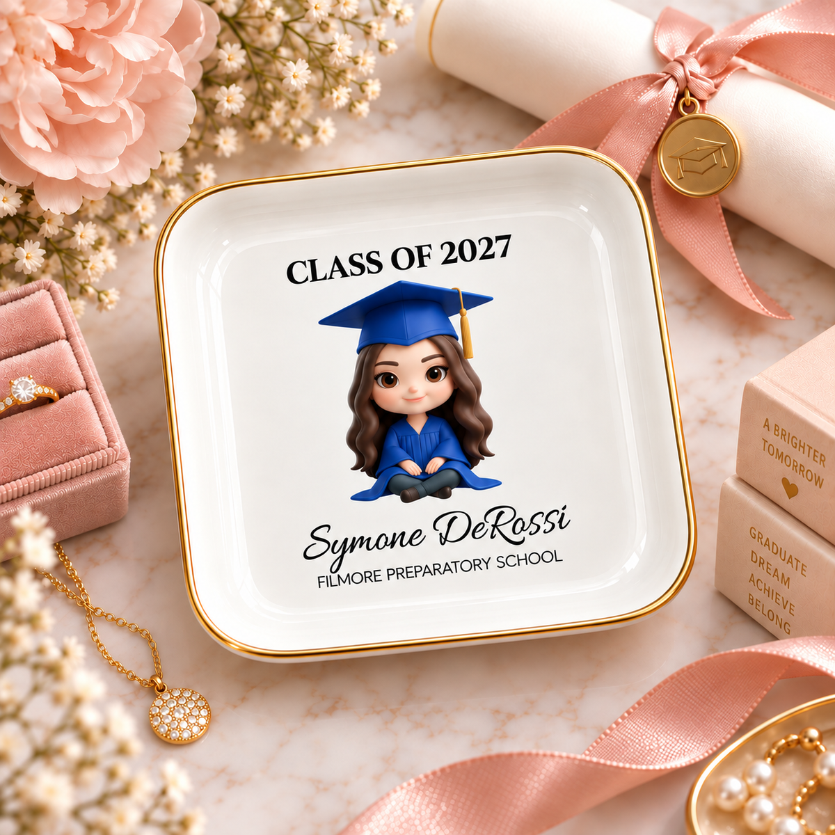 Personalized graduate chibi jewelry dish with royal blue cap and gown, custom photo graduation gift