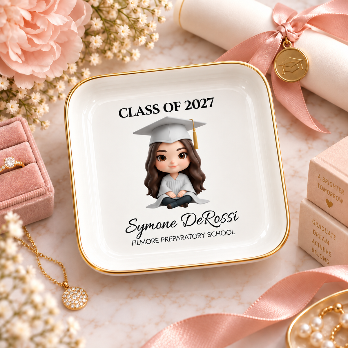 Personalized graduate chibi jewelry dish with silver cap and gown, custom photo graduation gift