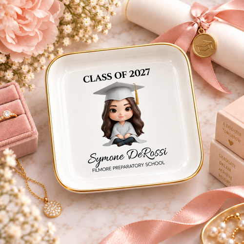 Personalized graduate chibi jewelry dish with silver cap and gown, custom photo graduation gift