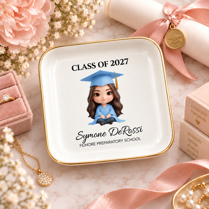 Personalized graduate chibi jewelry dish with sky blue cap and gown, custom graduation gift