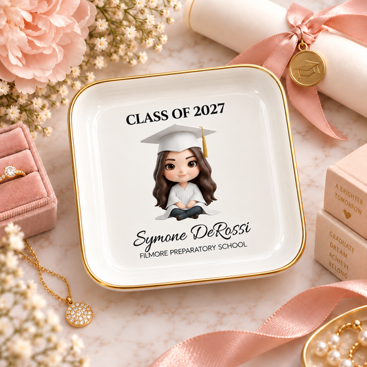 Custom Graduation Ring Dish (White Cap & Gown) | Elegant Ceramic Keepsake Gift for Her