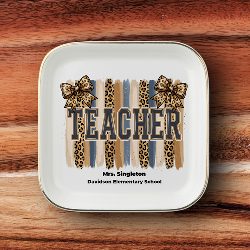 Personalized Leopard Varsity TEACHER Gift | Gold-Trim Ceramic Jewelry Dish