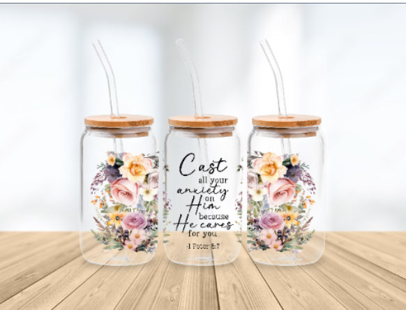 Scripture Wrap Glass Can - 16 oz Glass Cup with Lid & Straw - 16oz Boho Drinkware