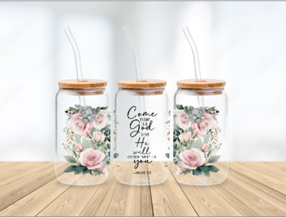 Scripture Wrap Glass Can - 16 oz Glass Cup with Lid & Straw - 16oz Boho Drinkware
