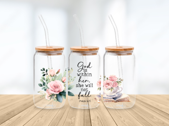 Scripture Wrap Glass Can - 16 oz Glass Cup with Lid & Straw - 16oz Boho Drinkware