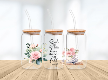 Scripture Wrap Glass Can - 16 oz Glass Cup with Lid & Straw - 16oz Boho Drinkware
