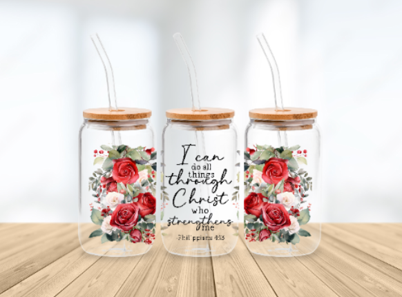 Scripture Wrap Glass Can - 16 oz Glass Cup with Lid & Straw - 16oz Boho Drinkware