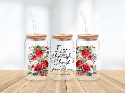 Scripture Wrap Glass Can - 16 oz Glass Cup with Lid & Straw - 16oz Boho Drinkware