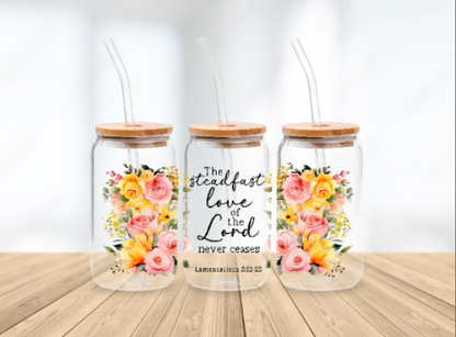 Scripture Wrap Glass Can - 16 oz Glass Cup with Lid & Straw - 16oz Boho Drinkware
