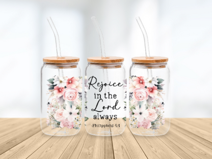 Scripture Wrap Glass Can - 16 oz Glass Cup with Lid & Straw - 16oz Boho Drinkware