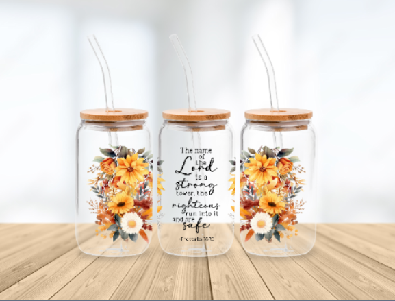 Scripture Wrap Glass Can - 16 oz Glass Cup with Lid & Straw - 16oz Boho Drinkware