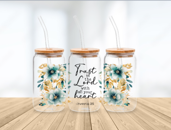 Scripture Wrap Glass Can - 16 oz Glass Cup with Lid & Straw - 16oz Boho Drinkware