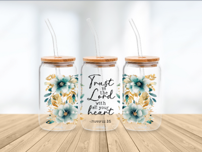 Scripture Wrap Glass Can - 16 oz Glass Cup with Lid & Straw - 16oz Boho Drinkware