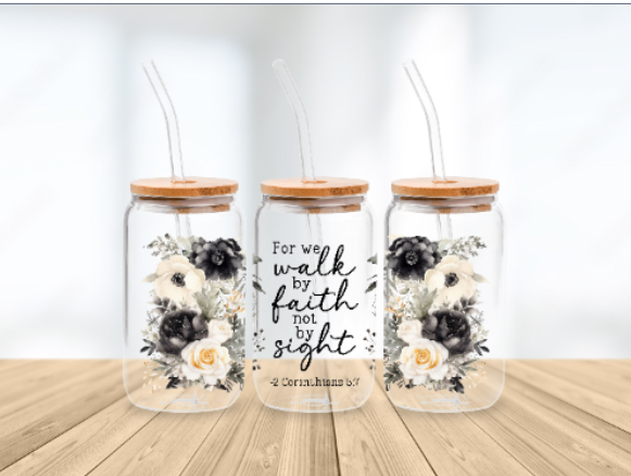 Scripture Wrap Glass Can - 16 oz Glass Cup with Lid & Straw - 16oz Boho Drinkware
