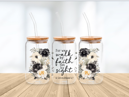 Scripture Wrap Glass Can - 16 oz Glass Cup with Lid & Straw - 16oz Boho Drinkware