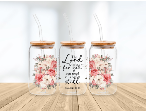 Scripture Wrap Glass Can - 16 oz Glass Cup with Lid & Straw - 16oz Boho Drinkware