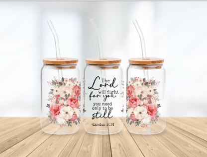 Scripture Wrap Glass Can - 16 oz Glass Cup with Lid & Straw - 16oz Boho Drinkware