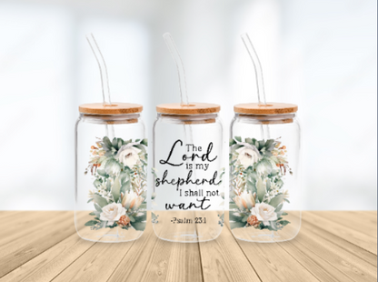Scripture Wrap Glass Can - 16 oz Glass Cup with Lid & Straw - 16oz Boho Drinkware