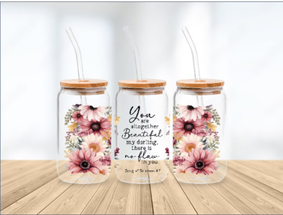 Scripture Wrap Glass Can - 16 oz Glass Cup with Lid & Straw - 16oz Boho Drinkware