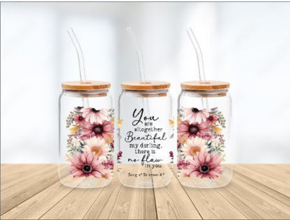 Scripture Wrap Glass Can - 16 oz Glass Cup with Lid & Straw - 16oz Boho Drinkware