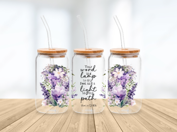 Scripture Wrap Glass Can - 16 oz Glass Cup with Lid & Straw - 16oz Boho Drinkware