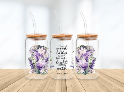 Scripture Wrap Glass Can - 16 oz Glass Cup with Lid & Straw - 16oz Boho Drinkware