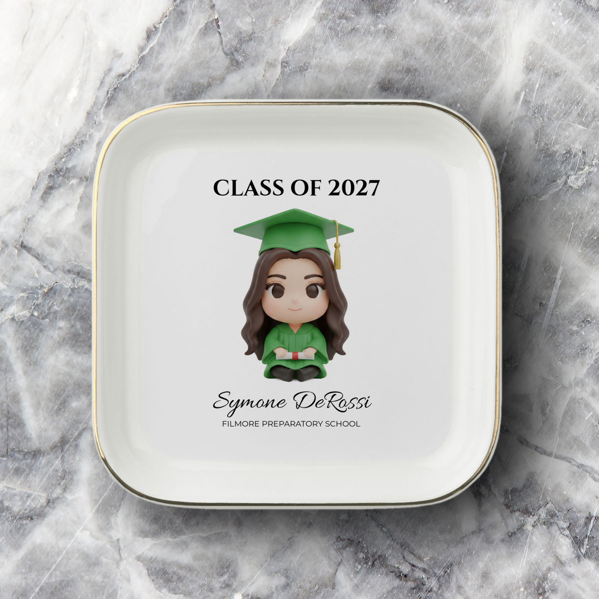 Custom Graduation Ring Dish (Kelly Green Cap & Gown) | Elegant Ceramic Keepsake Gift for Her