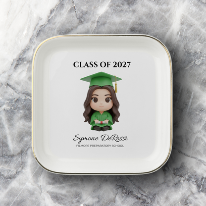 Custom Graduation Ring Dish (Kelly Green Cap & Gown) | Elegant Ceramic Keepsake Gift for Her