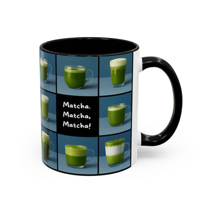 Mug with green tea graphics and 'Matcha, Matcha, Matcha!' text on a white background