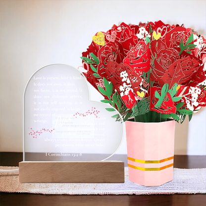 1 Corinthians 13:4–8 Acrylic Heart Plaque Gift Set – Christian Love Scripture with LED Base & Elegant Faux Flower Bouquet